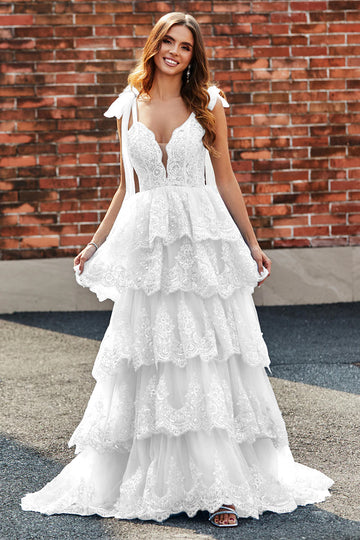 Vestido de novia largo de encaje escalonado blanco de una línea